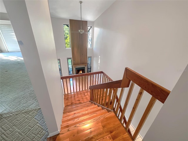 staircase featuring carpet and a towering ceiling