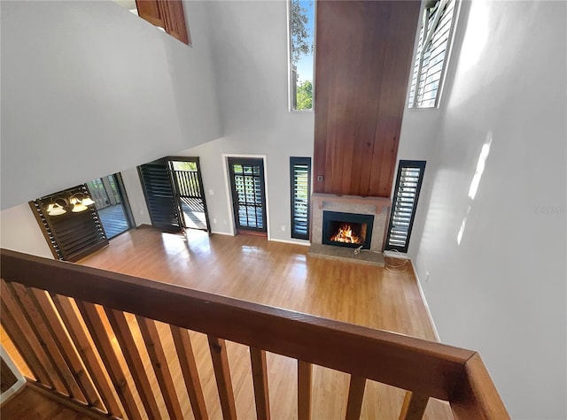 interior space featuring a premium fireplace, hardwood / wood-style floors, and a high ceiling