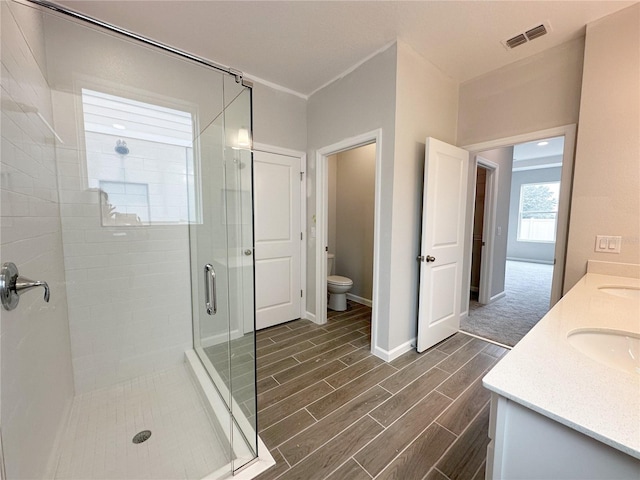 bathroom with vanity, toilet, and a shower with shower door