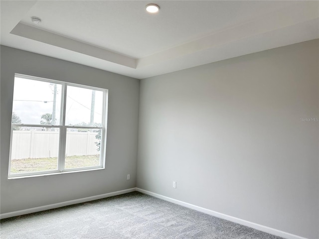 carpeted empty room featuring a tray ceiling