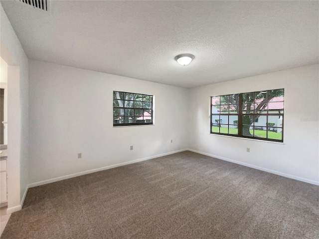 empty room with a textured ceiling and carpet flooring