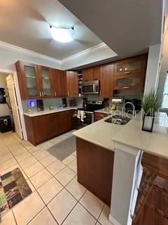 kitchen with sink, range with electric cooktop, a raised ceiling, and ornamental molding