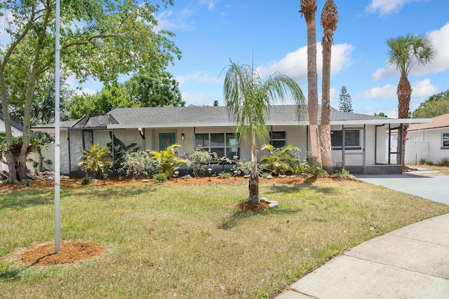 single story home with a front lawn