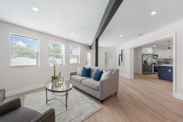 living room featuring light hardwood / wood-style floors and a textured ceiling