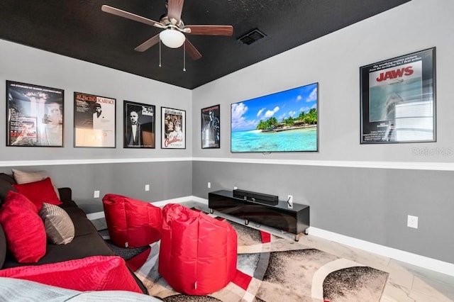 home theater room with ceiling fan