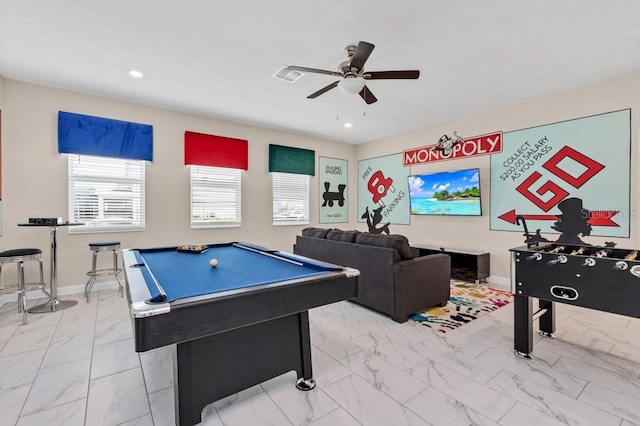 rec room with ceiling fan and billiards