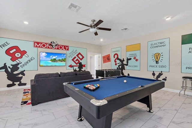 playroom with ceiling fan and billiards