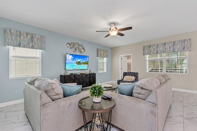 living room featuring ceiling fan