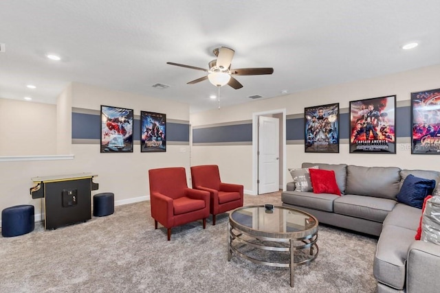 living room with carpet flooring and ceiling fan