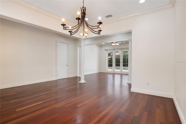 unfurnished room with ceiling fan with notable chandelier, crown molding, dark hardwood / wood-style floors, and decorative columns