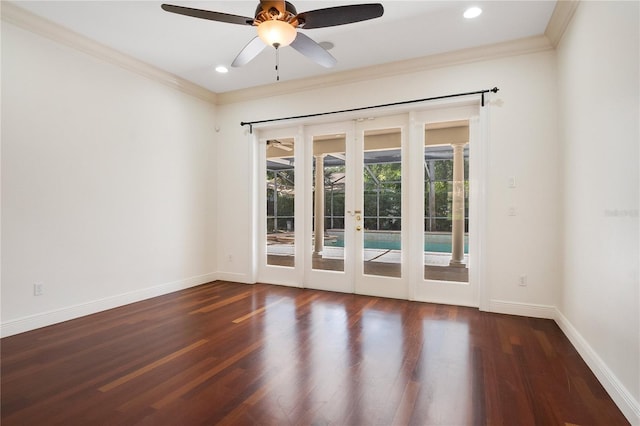 unfurnished room featuring wood-type flooring, french doors, ceiling fan, and crown molding