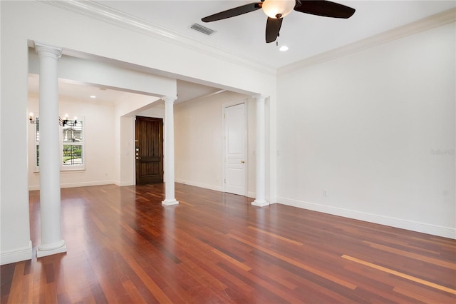 unfurnished room featuring crown molding, ceiling fan, dark hardwood / wood-style floors, and ornate columns