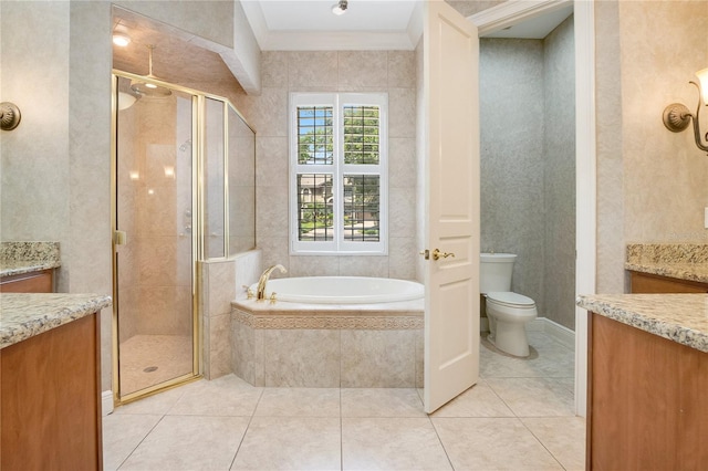 full bathroom featuring tile flooring, vanity, toilet, and plus walk in shower