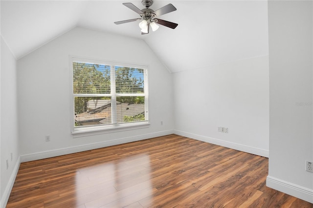 additional living space with dark wood-type flooring, ceiling fan, and lofted ceiling