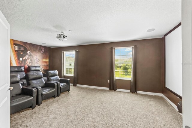 carpeted home theater featuring a textured ceiling and a wealth of natural light