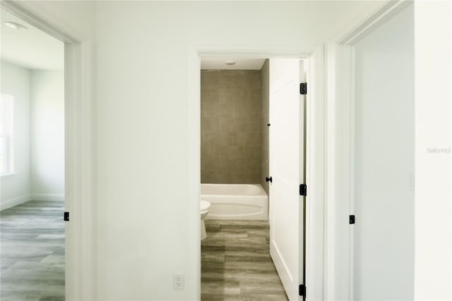 corridor with hardwood / wood-style flooring