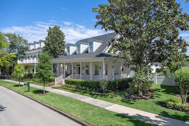 view of front of home with a porch and a front yard