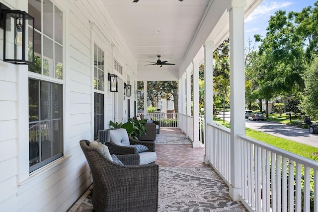 view of patio / terrace featuring ceiling fan and a porch