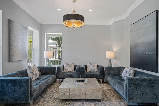 living room featuring a chandelier and ornamental molding