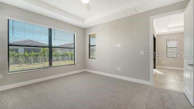 carpeted spare room with a raised ceiling and ceiling fan