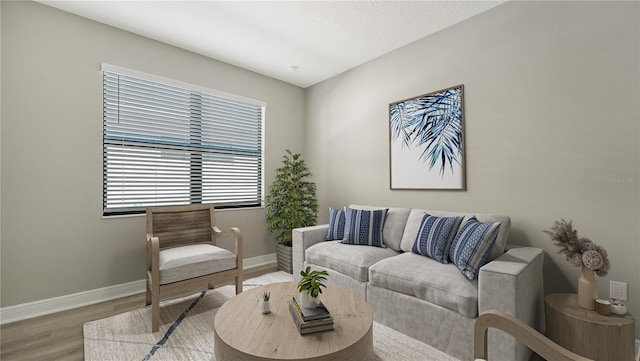 living room featuring a textured ceiling and hardwood / wood-style flooring