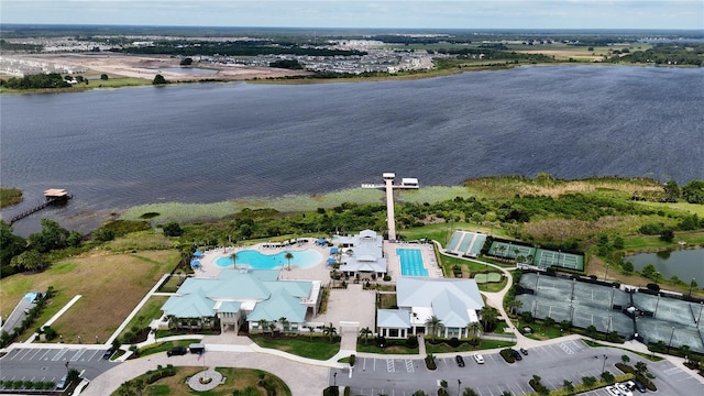 drone / aerial view featuring a water view