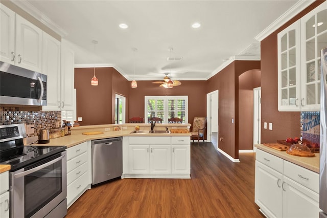 kitchen with ceiling fan, kitchen peninsula, dark wood-type flooring, and appliances with stainless steel finishes