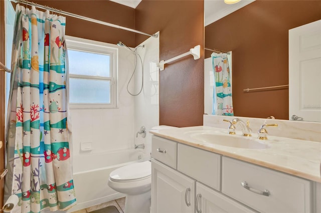 full bathroom featuring tile floors, shower / bath combo, toilet, and vanity