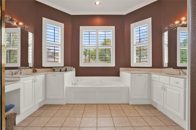 bathroom with tile flooring, ornamental molding, dual bowl vanity, and a bath to relax in