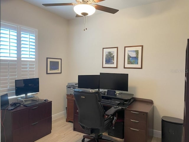 office area featuring light hardwood / wood-style floors and ceiling fan