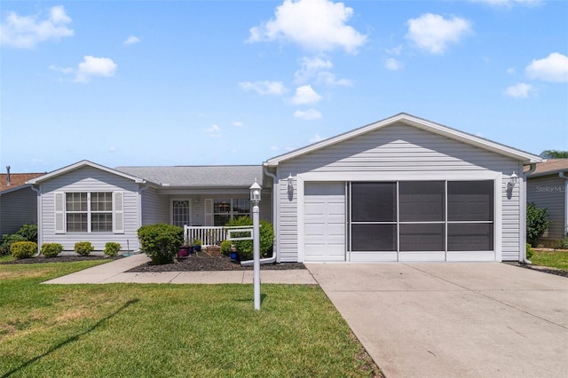 ranch-style house with a front yard and a garage