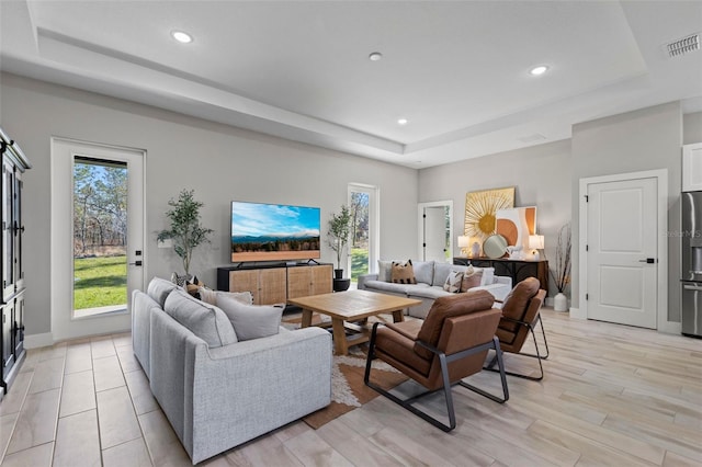 living room featuring light hardwood / wood-style floors and a raised ceiling