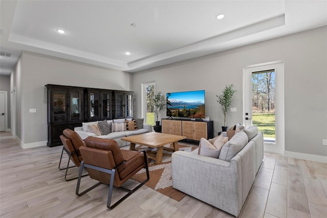 living room with a raised ceiling