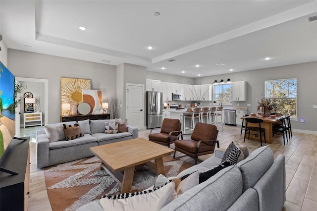 living room featuring a raised ceiling