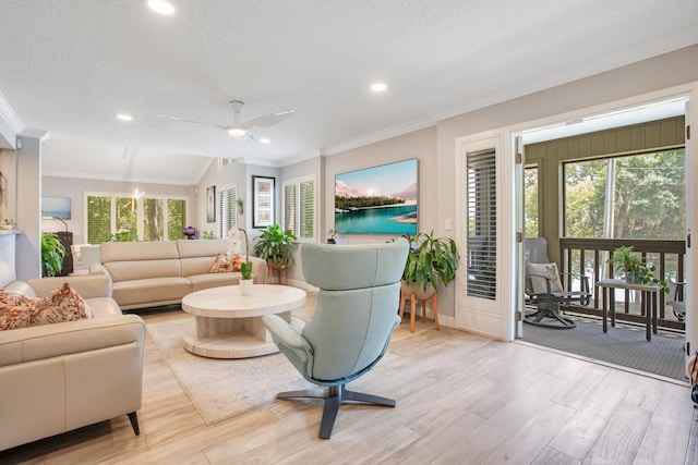 living room with light hardwood / wood-style flooring, ornamental molding, and a textured ceiling