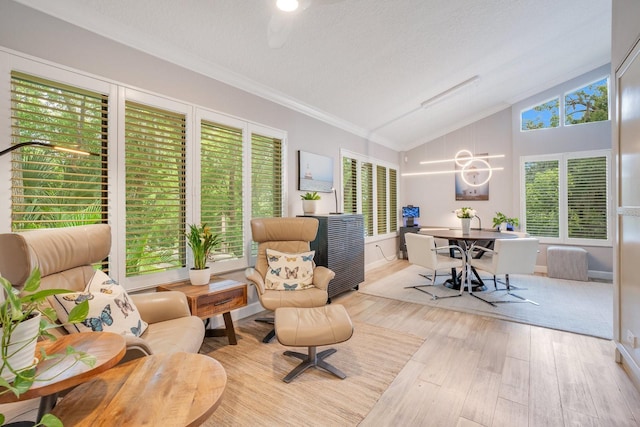 sunroom with lofted ceiling and a notable chandelier