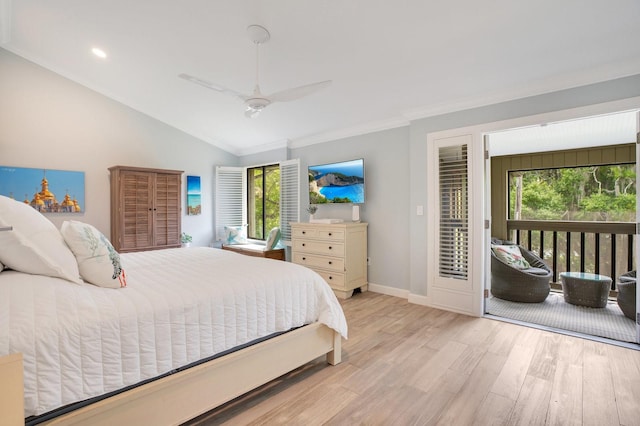 bedroom featuring access to exterior, crown molding, light hardwood / wood-style flooring, and vaulted ceiling