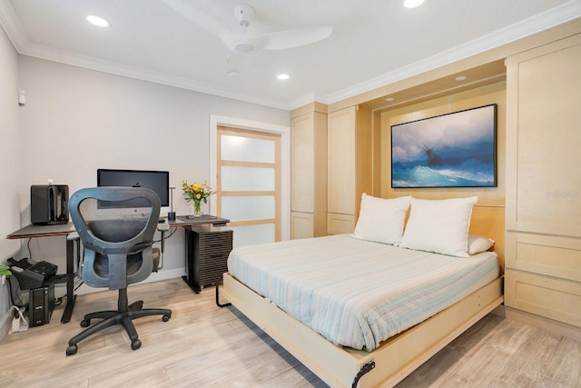 bedroom featuring crown molding, ceiling fan, and light wood-type flooring