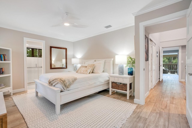 bedroom with crown molding, ceiling fan, and light hardwood / wood-style flooring