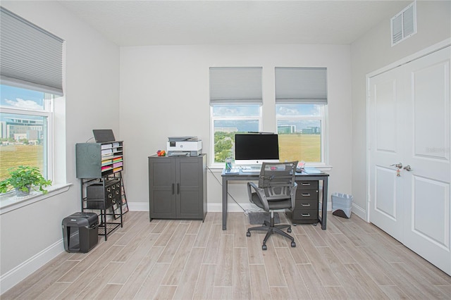 home office featuring a wealth of natural light and light wood-type flooring