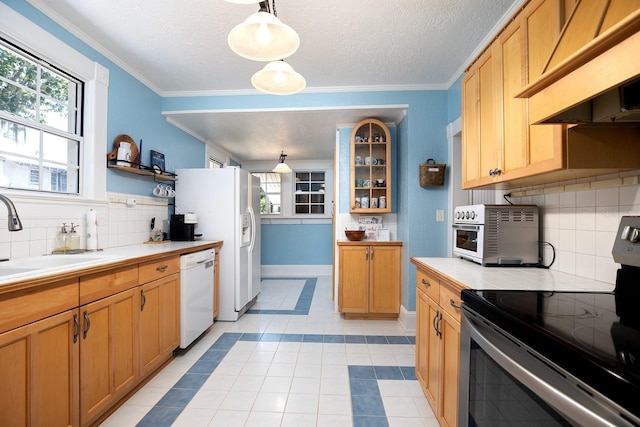 kitchen with custom range hood, white appliances, backsplash, and light tile floors