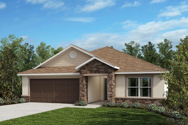 ranch-style house featuring a front lawn and a garage