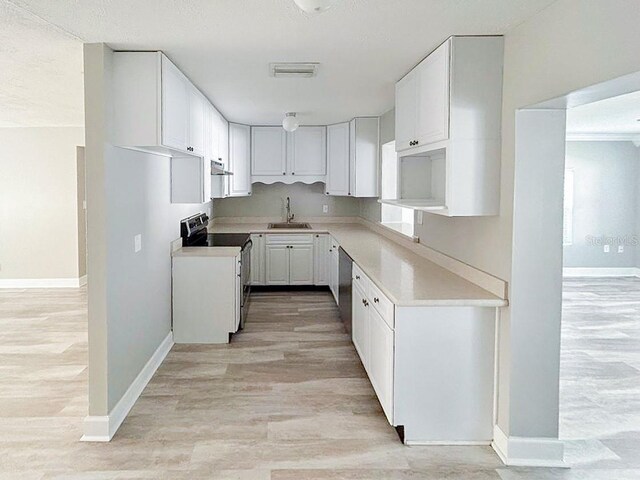 kitchen with black electric range oven, sink, light hardwood / wood-style flooring, and white cabinetry