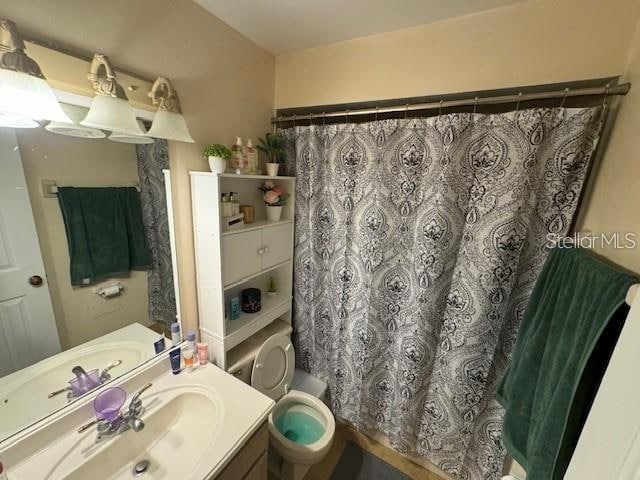 bathroom with toilet and large vanity