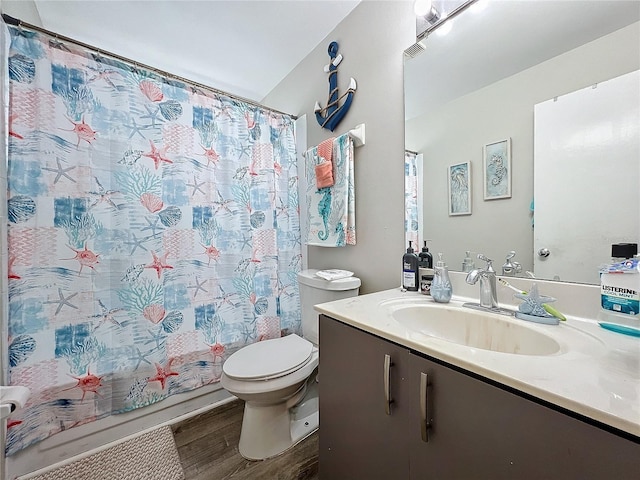 bathroom with toilet, vanity, and hardwood / wood-style floors