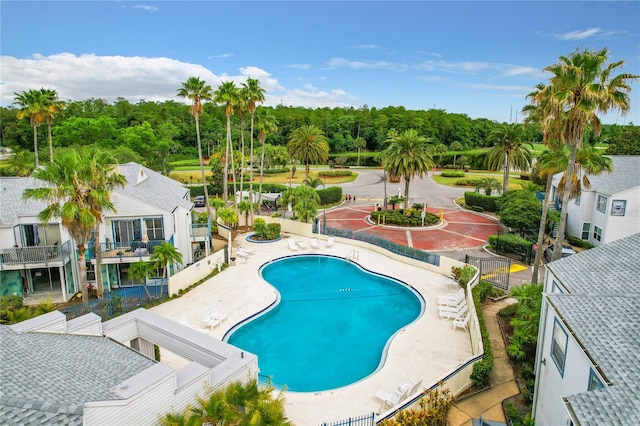 view of swimming pool with a patio