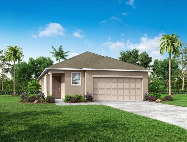 view of front of property with a front yard and a garage