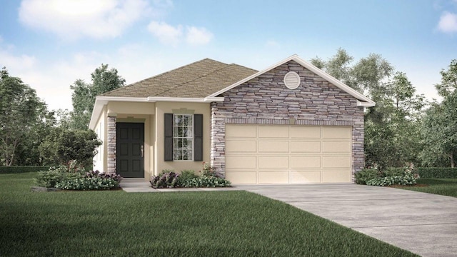 view of front of property with a front yard and a garage