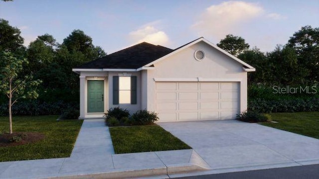 ranch-style home featuring a garage and a front yard