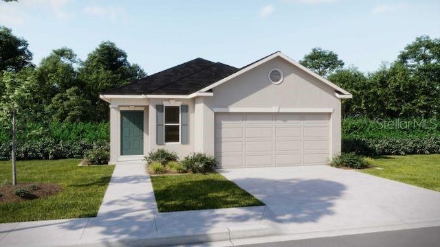 ranch-style house with a garage and a front yard